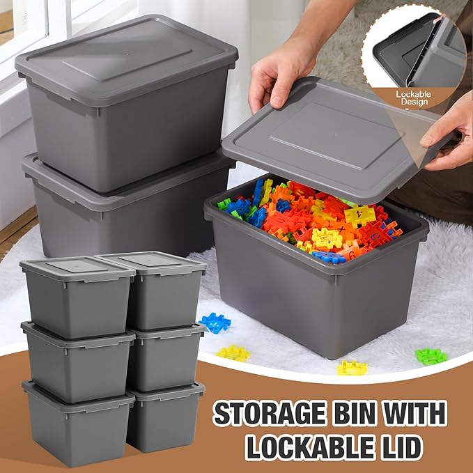 6 Pcs Pack Cute Plastic Storage Bins with Lids Decorative Stackable Storage Boxes 9.8" ×7.3" ×5.7" Small Storing Totes for Organizing Craft Office Supplies (Grey)