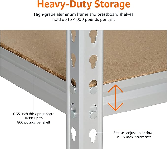 Amazon Basics 5-Tier Medium Duty Storage Shelving, Garage Storage Rack, Double Post Press Board Shelf, Adjustable, Easy Assembly, Space-Saving, Aluminum, 48" x 18" x 72"