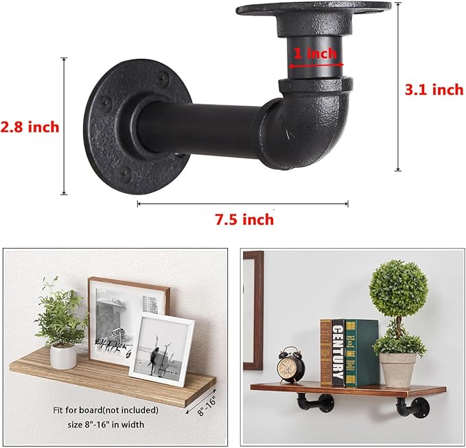 Industrial L Pipe Shelf Brackets for 8-16 in Depth Wood,Heavy-Duty 3/4" Iron,Wall Mount Floating Shelf Bracket L Metal Pipe Shelving Brackets for Wood-Black DIY Pipe Shelves(7.5*3.1 Inch 6 Pack)