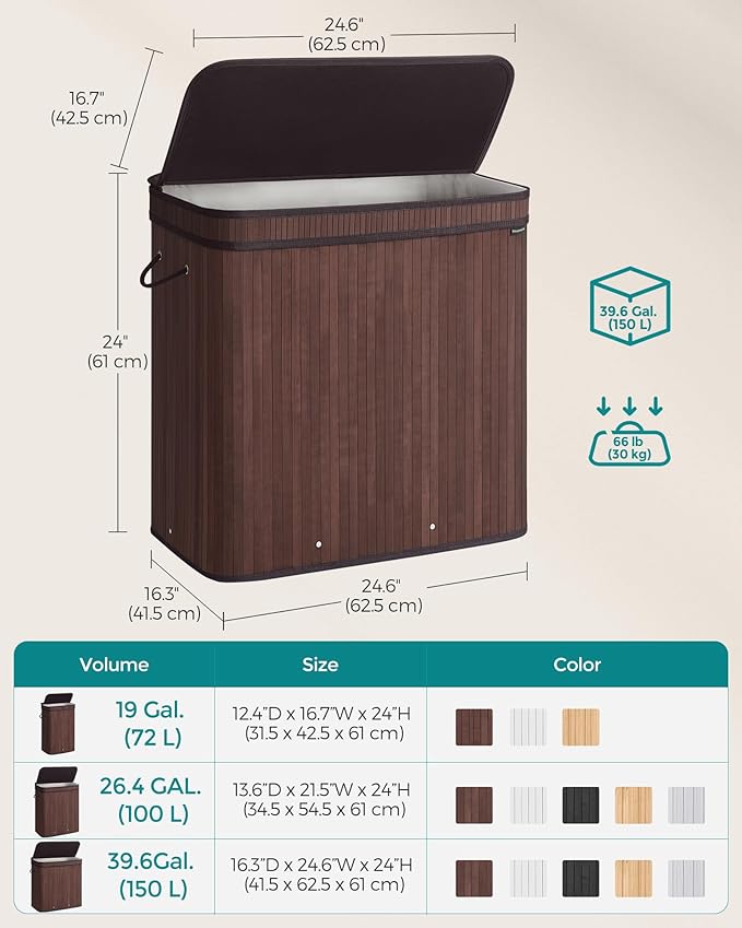 SONGMICS Laundry Hamper with Lid, Bamboo Laundry Basket, Removable Machine Washable Laundry Basket, with Handles, 39.6-Gallons, for Laundry Room, Bedroom, Bathroom, Chestnut Brown ULCB062K01