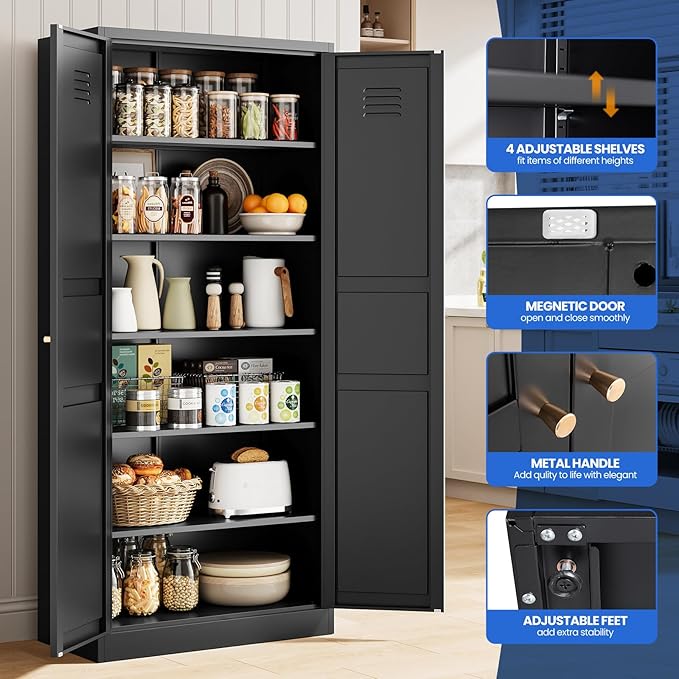 MIIIKO Metal Pantry Cabinet, Utility Storage Cabinets with 2 Doors and 5 Shelves, Freestanding Black Tall Cupboard for Garage, Shop, Laundry Room and Office, 71" H x 15.7" D x 31.5" W
