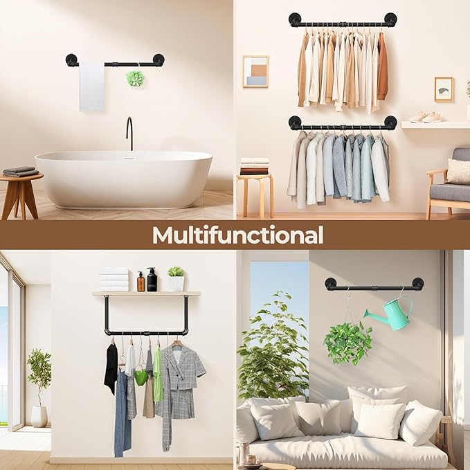 Wall Mounted Clothes Rack 38.4 Inch, Industrial Pipe Clothing Rack, Black Wall Clothing Rack, Multi-Purpose Clothing Hanging Rod for Laundry Room, Closet Storage,Bedroom, Closet (1 Pack)