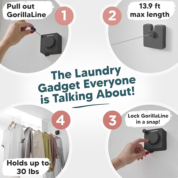 GorillaLine Basic - Retractable Clothesline Indoor Outdoor Clothes Line - Non-Sagging Heavy Duty Clothes Drying Laundry Line - Wall Mounted Drying Rack - Air Dry Clothing - Tighten with GorillaGrip