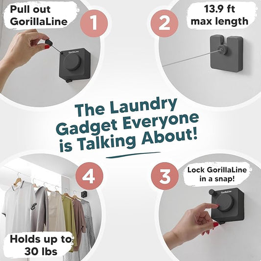 GorillaLine Basic - Retractable Clothesline Indoor Outdoor Clothes Line - Non-Sagging Heavy Duty Clothes Drying Laundry Line - Wall Mounted Drying Rack - Air Dry Clothing - Tighten with GorillaGrip