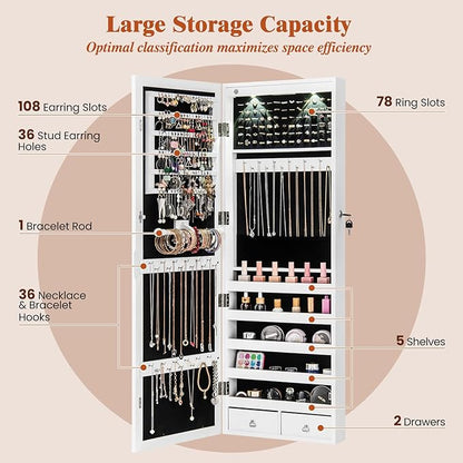 Giantex Jewelry Armoire Wall Door Mounted, Lockable Jewelry Cabinet with 42.5'' Full Length Mirror, 2 LEDs Jewelry Organizer Box with 2 Drawers, Mirror with Jewelry Storage (White)