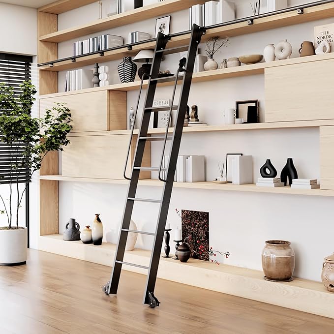 96" Attic Rolling Library Ladder,8 Step Aluminum Ladder with,with 4FT Sliding Hardware Track Kit Bottom Wheel Included&Handrail,Loft Ladder,Wall Stairs Stair Platform Bunkbed Ladder