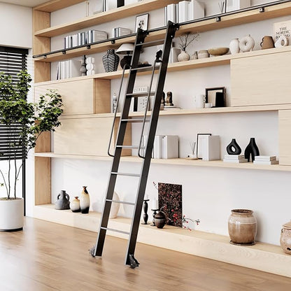 96" Attic Rolling Library Ladder,8 Step Aluminum Ladder with,with 4FT Sliding Hardware Track Kit Bottom Wheel Included&Handrail,Loft Ladder,Wall Stairs Stair Platform Bunkbed Ladder