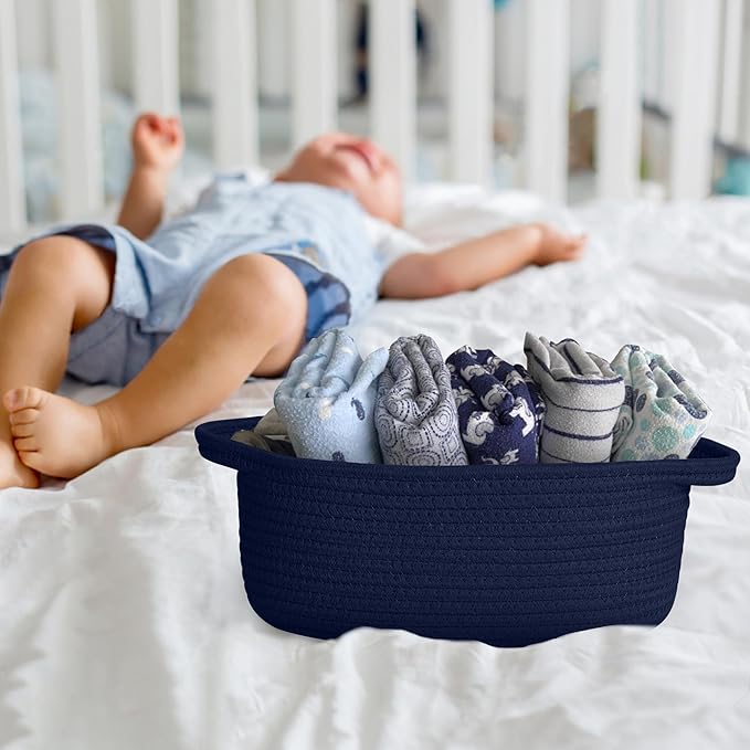 Small Woven Gift Basket, Baskets for Gifts Empty, Cotton Rope Cat Dog Toy Bin Box, Nursery Baby Basket, Wicker Basket with Handles, Shelf Storage Basket for Home Decor, Blue, 12"x 8"x 5"