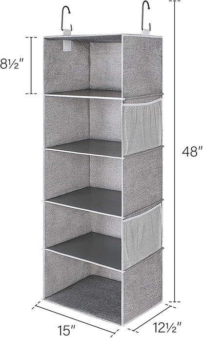 StorageWorks 5-Shelf Hanging Shelves for Closet, Foldable Hanging Closet Organizers with 2 Side Pockets, Portable Clothes Organizers for Bedroom, Wardrobe, 12 1⁄2" D x 15" W x 48" H, Gray