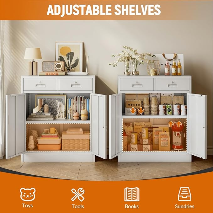 BESFUR Metal Storage Cabinet, Garage Storage Cabinet with 2 Drawers and Adjustable Shelf, Locking Short Storage Cabinet for Office Garage Home, White Metal Cabinets(36" H x 31.5" W x 16" D)