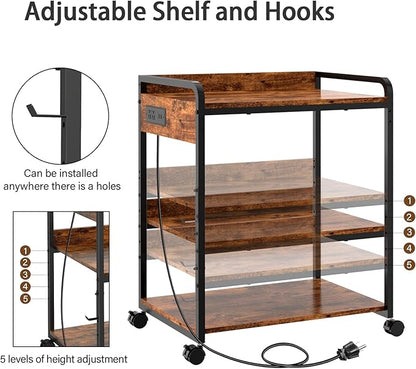 Livofloral 3 Tier Large Printer Stand with Wheels, 25.2 x 18.9 Inch Printer Stand with Power Outlet USB Port, Printer Table with Adjustable Storage Shelf for Home Office, Rustic Brown