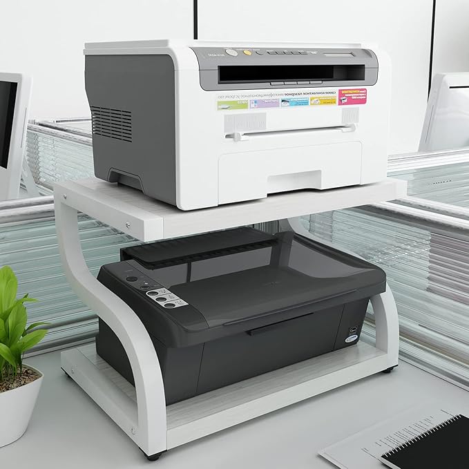 PUNCIA 2 Tiers Wood White Home Office Desktop Printer Stand Laser Printer Copier Stand with Storage Tabletop Heavy Duty Rack Desk Organizer Shelf Dual for Small Space Double Tiers Tray