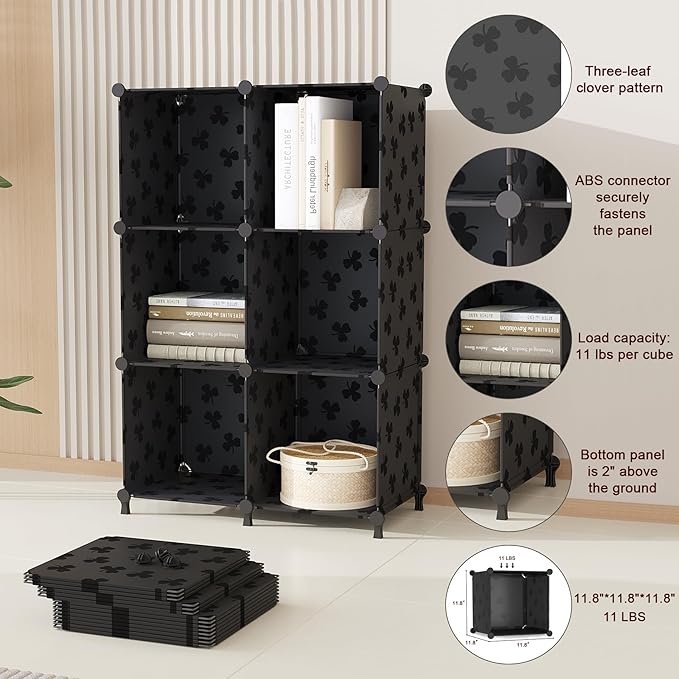 UNKU Cube Storage Organizer, 3 Cube Closet Organizer Storage Shelves, DIY Stackable Bookcase, Clothes Organizer Shelf for Closet, Bedroom, Living Room, Cabinet, Home, Office, Black