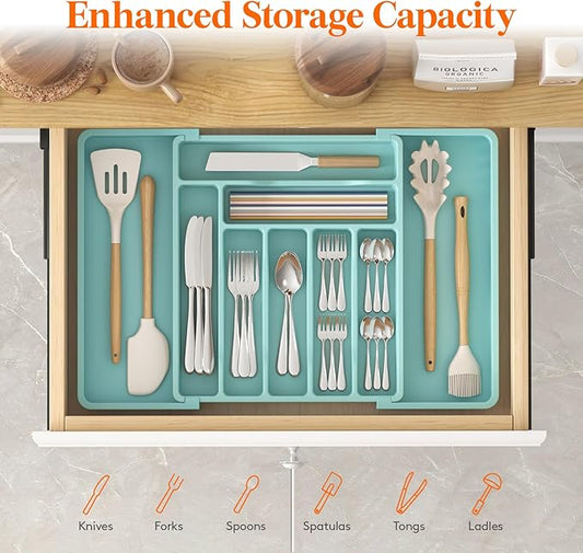 Lifewit Utensil Organizer for Kitchen Drawer, Expandable Cooking Silverware Tray, Adjustable Cutlery Flatware Holder, Plastic Spatula Tools Storage Divider, 13-22.4 x 15", Turquoise