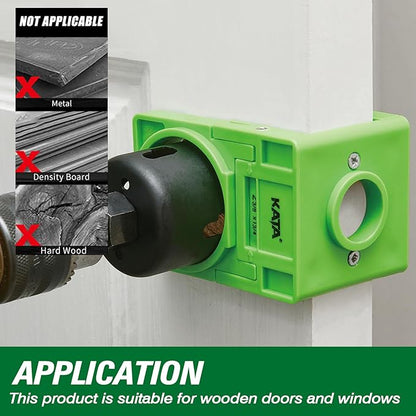 KATA 1-3/8" - 1-3/4" Door Lock Installation Kit with Large Chip-Clearance Slots, Door Lock Hole Saw for Deadbolts and Locksets for Wooden Doors with Guide Template, Carbon Steel, Green