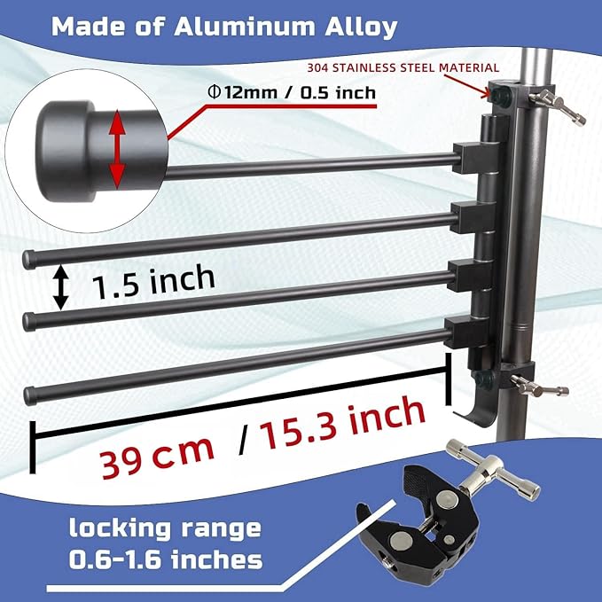 RV Clothes Drying Rack, Four 15.3" Long Rack Arms, Aluminum, 304 Stainless Steel Accessories, No Drilling Anti-Rust for Ladder, Boats, RV, Camper, Trailer, Travel, Hotel, Home