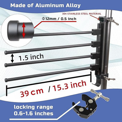 RV Clothes Drying Rack, Four 15.3" Long Rack Arms, Aluminum, 304 Stainless Steel Accessories, No Drilling Anti-Rust for Ladder, Boats, RV, Camper, Trailer, Travel, Hotel, Home