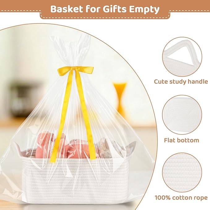 Empty Gift Baskets for Baby Shower, 15.4"L x 11.4"W x 6.7"H Cute Woven Storage Basket with Gift Bags and Ribbons, Small Rope Toy Basket with Handles, Cat Dog Pet Toy Organizer - Small White