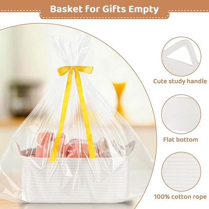 Empty Gift Baskets for Baby Shower, 15.4"L x 11.4"W x 6.7"H Cute Woven Storage Basket with Gift Bags and Ribbons, Small Rope Toy Basket with Handles, Cat Dog Pet Toy Organizer - Small White