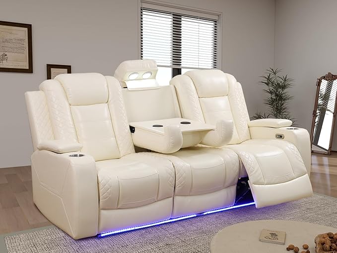 Creamy White Power Reclining Sofa for Living Room, Living Room Furniture Sets, Power Recliner Breathing Leather Sofa with 2 Recliner Seats/Cup Holder/LED Light/USB Port for Office, Rv Car