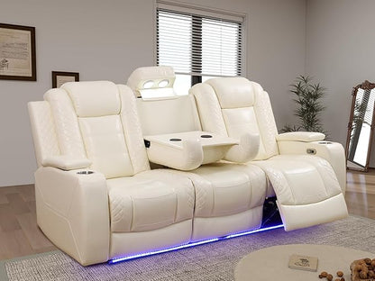 Creamy White Power Reclining Sofa for Living Room, Living Room Furniture Sets, Power Recliner Breathing Leather Sofa with 2 Recliner Seats/Cup Holder/LED Light/USB Port for Office, Rv Car