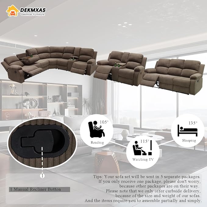 5PCS Brown Reclining Sectional Sofa Set with Storage Console, Living Room Furniture Sets, Corduroy Sectional Sofa Couch and Sofa Loveseat with 5 Recliner Seats, Drop-Down Table, Cup Holders