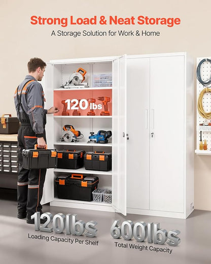 VEVOR Metal Storage Cabinet, Lockable Steel Garage Cabinet with Adjustable Shelves, 2 Magnetic Doors, 2 Keys, 5-Tiers Tool Storage Locker for Home,Office,School,Pantry,Warehouse,Basement,Laundry,White