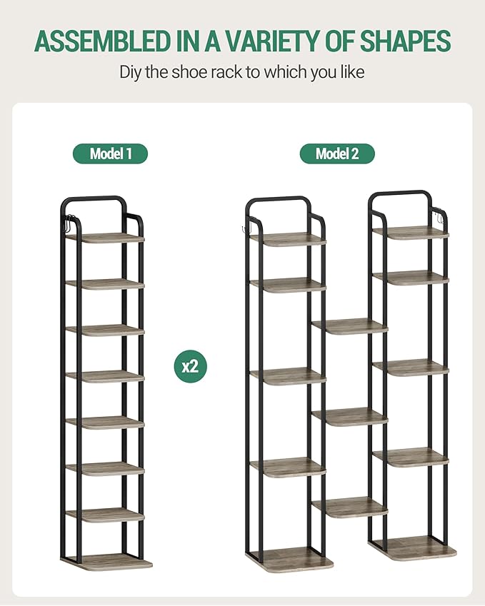 8 Tiers Vertical Shoe Rack, Narrow Shoe Tower, Tall Shoes Shelf with 2 Hooks, Adjustable Shelves, Corner Shoes Shelves for Small Spaces, Entryway, Living Room, Greige SR04305B