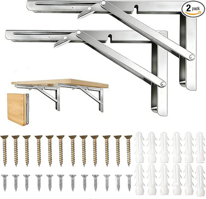 Folding Shelf Brackets 10 Inch, 2 Pcs Stainless Steel Heavy Duty Shelf Brackets, Collapsible Brackets for Foldable Shelf,Wall Mounted Folding Table Brackets Space-Saving