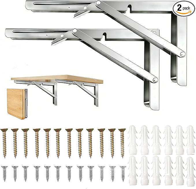 Stainless Steel Folding Shelf Brackets, Heavy Duty 12 Inch Shelf Brackets 2 Pcs for Foldable Shelf, Wall Mounted Folding Table Brackets Space-Saving