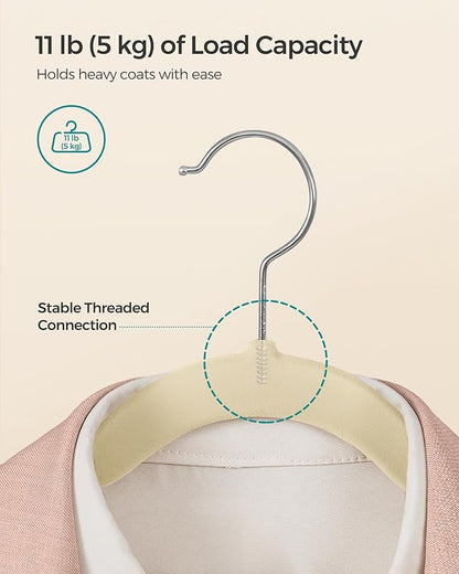 SONGMICS Velvet Hangers 50 Pack, Non-Slip Clothes Hangers, Suit Hangers with Shoulder Notches, Pants Bar, 360° Swivel Hook, Space-Saving, for Closet, Sand Beige UCRF029K05