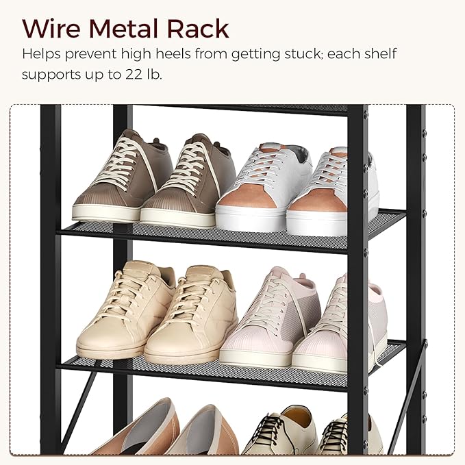 8-Tier Narrow Shoe Rack, Vertical Shoe Storage Organizer, for 12-24 Pairs, Shoe Shelf with Metal Frame, for Hallway, Entryway, Living Room, Rustic Brown and Black SRHR08401