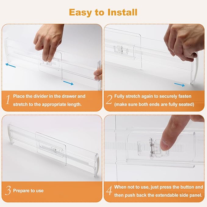 8 Pack 4" High Drawer Dividers for Clothes, 10.6"-16.9" Expandable Drawer Divider Adjustable Drawer Separator, Clear Dresser Drawer Organizer for Clothes, Underwear, Cosmetic, Kitchen Utensils Storage