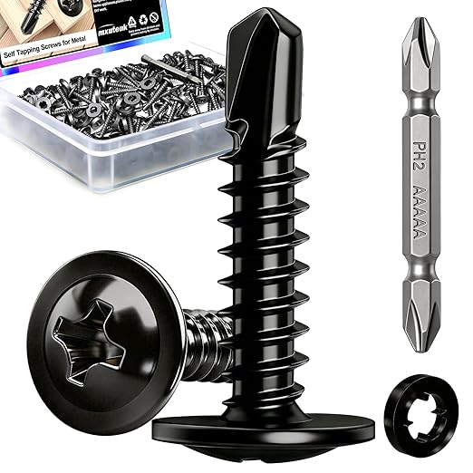 mxuteuk 420PCS #8×3/4" Self Tapping Screws,410 Stainless Steel Self Drilling Screws,Phillips Modified Truss Head Self Tapping Screw for Metal,Plastic,Wood(210pcs Black Screw+210pcs Washer)