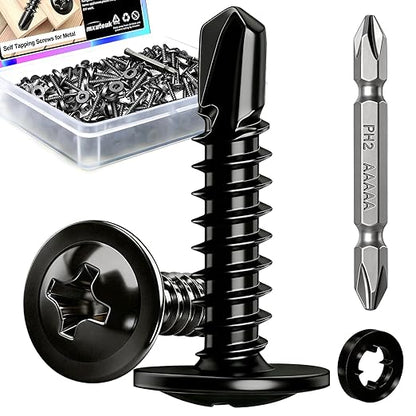 mxuteuk 420PCS #8×3/4" Self Tapping Screws,410 Stainless Steel Self Drilling Screws,Phillips Modified Truss Head Self Tapping Screw for Metal,Plastic,Wood(210pcs Black Screw+210pcs Washer)