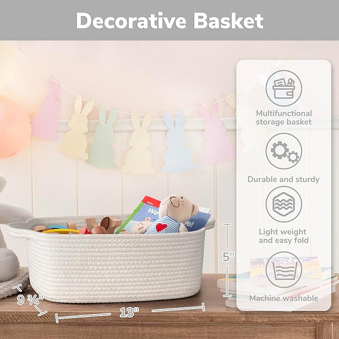 CHICVITA Storage Basket for Gifts, Small Gift Baskets Empty for Baby Showers, Decorative Cotton Rope Basket with Handles, Baby Toy Baskets for Shelves, 13 x 9.8 x 5 inches, White
