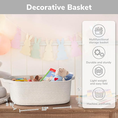 CHICVITA Storage Basket for Gifts, Small Gift Baskets Empty for Baby Showers, Decorative Cotton Rope Basket with Handles, Baby Toy Baskets for Shelves, 13 x 9.8 x 5 inches, White