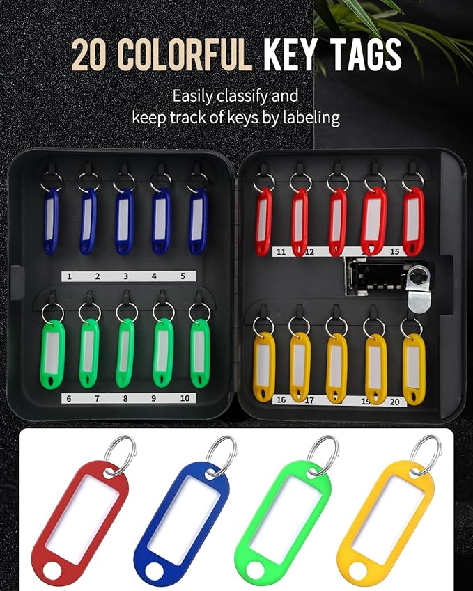 Uniclife 20 Position Key Cabinet with Combination Lock Resettable Black Digital Security Storage Box Steel Key Organizer with Colorful Key Tag Labels Stickers and Hooks
