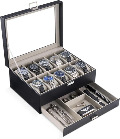 ProCase Watch Box, 10 Slot Watches Display Case with Drawer, Mens Watch Case with Glass Lid, 2-Layer Mens Jewelry Organizer Storage Holder, Birthday Valentine Gifts for Men -10 Slot, Black