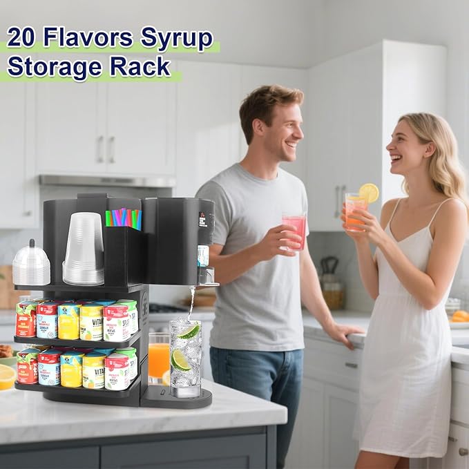 4-in-1 Flavor Pods Holder for Ninja Thirsti WC1001 | 3-Tier Wood Drink Station Accessory Organizer Holds 20 Flavor Pods with Cup, Lid & Straw Dispenser | Syrup Caddy for Ninja Soda Maker (Shelf Only)
