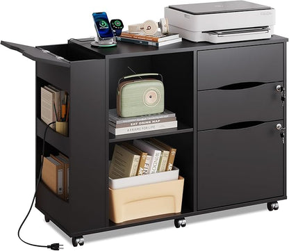 DEVAISE File Cabinet with Lock, 3 Drawer Rolling Mobile Lateral Filing Cabinets with Charging Station Printer Stand with Open Storage Shelves Fits A4 or Letter Size for Home Office Black