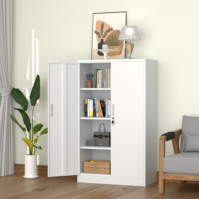 Metal Storage Cabinet with Locking Doors and Adjustable Shelves, 53.5-Inch Tall Lockable Storage Cabinets for Home Office Garage Kitchen Pantry (White)