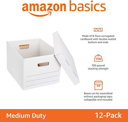Amazon Basics Medium Duty Storage/Filing Boxes with Lid and Handles, Legal/Letter Size, 12-Pack, White, 16.2" L x 12.5" W x 10.5" H
