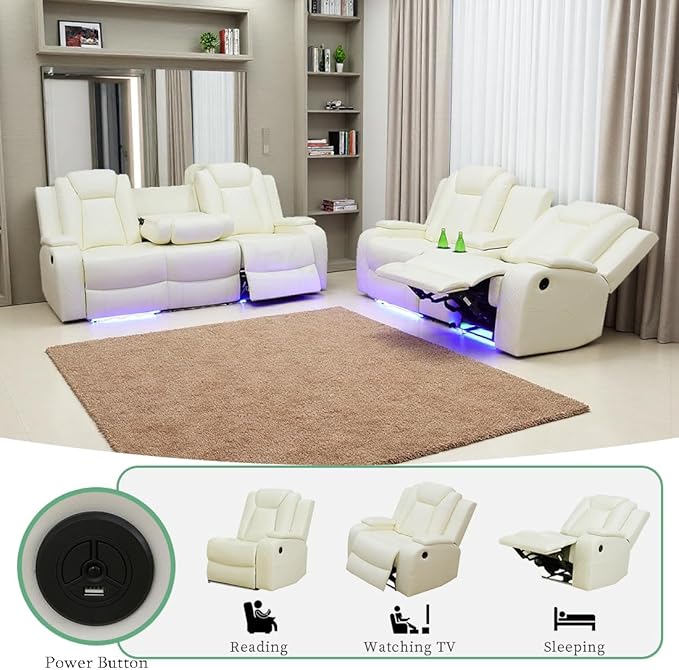 Power Reclining Sofa Set with Drop-down Table, Living Room Furniture Sets, Ivory White Breathing Leather Sofa Power Sofa and Loveseat with Cup Holders/Storage Console/LED Light for Living Room