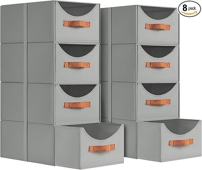 Stackable Storage Drawers - Collapsible Storage Bins with Drawers, 8 Pack Closet Shelf Organizer Basket, Fabric Pull Out Organizer for Bedroom, Living Room, Dorm, Grey