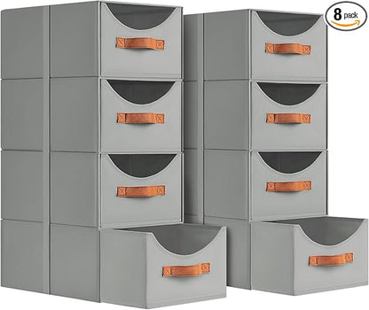 Stackable Storage Drawers - Collapsible Storage Bins with Drawers, 8 Pack Closet Shelf Organizer Basket, Fabric Pull Out Organizer for Bedroom, Living Room, Dorm, Grey