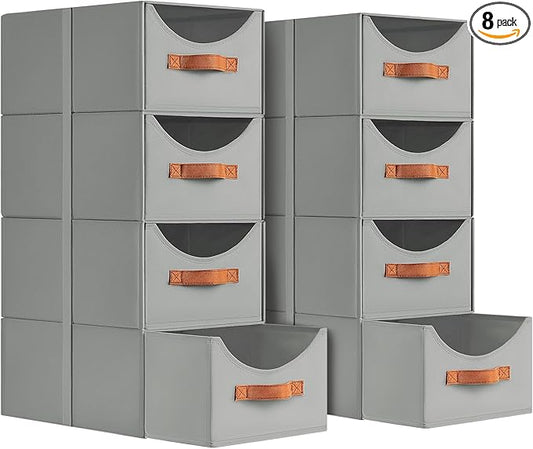 Stackable Storage Drawers - Collapsible Storage Bins with Drawers, 8 Pack Closet Shelf Organizer Basket, Fabric Pull Out Organizer for Bedroom, Living Room, Dorm, Grey