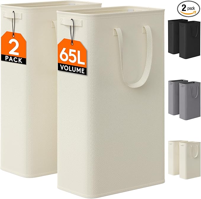 Lifewit 2 Pack Slim Laundry Hamper, Collapsible Narrow Laundry Basket, Small Tall Dirty Clothes Hampers with Handles for Bathroom Bedroom College Dorm, White, 65L