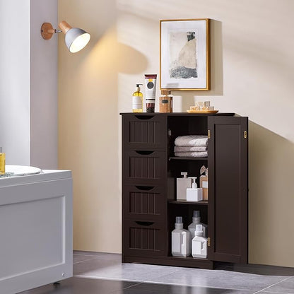 Yaheetech Wooden Bathroom Floor Cabinet, Side Storage Organizer Cabinet with 4 Drawers and 1 Cupboard, Freestanding Entryway Storage Unit Console Table, Home Decor Furniture, Brown