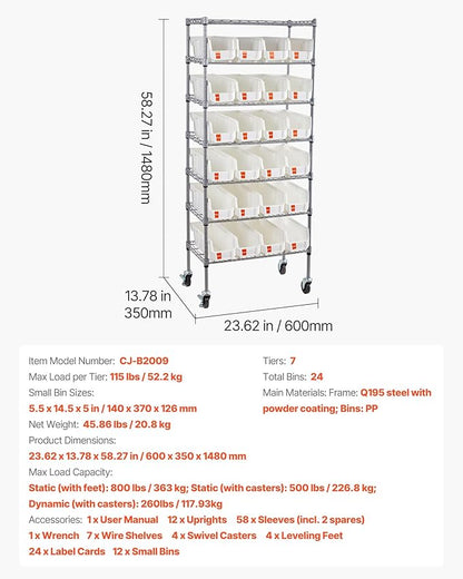 VEVOR 7-Tier Rolling Bin Storage Rack, 24 Small Bins, Bin Rack Storage Steel Wire Shelving System with Wheels, Mobile Tool Organizer for Garage, Warehouse, Office, Restaurant, Classroom, Kitchen